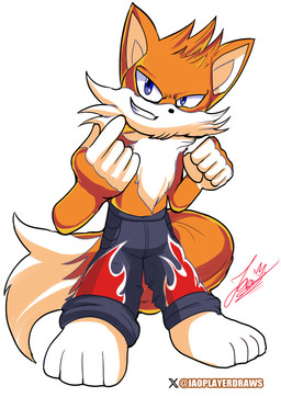 4_toes 5_fingers anthro barefoot cheek_tuft chest_tuft facial_tuft feet fingers fist flame_pattern fur gesture hand_gesture male multicolored_body multicolored_fur no_shoes pants_only paws plantigrade simple_background smile solo tail teeth text toes toony tuft white_background jao_player taiwan_coolfox xu_bang canid canine fox mammal absurd_res artist_name hi_res signature
