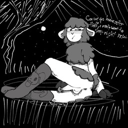 anthro anus balls blush butt clothing dialogue erection femboy footwear footwear_only forest fur genitals grass hair half_naked hooves legwear legwear_only looking_at_viewer male masturbation moon mostly_nude night outside penile penis plant presenting presenting_hindquarters skinny socks socks_only solo star stockings stockings_only tail text tired tree young young_anthro young_male yoshreveluv yoshua_(yoshreveluv) bovid bovine caprine mammal sheep 1:1 black_and_white digital_drawing_(artwork) digital_media_(artwork) english_text hatching_(art) monochrome shaded