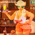 alcohol anthro anthrofied bar bedroom_eyes beer beverage big_breasts bottomwear breasts burger cleavage clothed clothing female food freckled_breasts freckles green_eyes muscular muscular_female narrowed_eyes navel seductive serving_tray shirt shorts smile smiling_at_viewer solo tank_top text thick_thighs topwear waiter waitress_uniform trailssfm friendship_is_magic hasbro hooters my_little_pony applejack_(mlp) equid equine horse mammal pony 1:1 3d_(artwork) absurd_res digital_media_(artwork) english_text hi_res