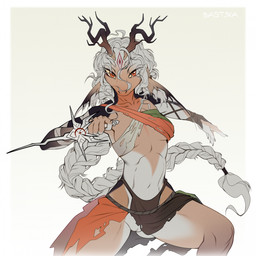 anthro antlers biped breasts claws clothed clothed_anthro clothed_female clothing female fingers front_view fur genitals hair horn looking_at_viewer navel simple_background solo standing vulva bastika mammal 1:1 2026 digital_drawing_(artwork) digital_media_(artwork) hi_res