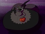 anthro basket belly belly_expansion big_belly big_butt black_body black_sclera black_tail bloated breasts butt candy cheek_bulge cloak clothing container demonic dessert disguise eating eating_food expansion female food front_view grey_cheeks grey_cloak grey_clothing holding_object holidays huge_belly huge_butt hyper hyper_belly hyper_butt immobile leggings legwear lying night on_front open_mouth polka_dot_bottomwear polka_dot_clothing pumpkin_basket pupils purple_background purple_clothing purple_leggings purple_legwear simple_background small_pupils solo tail tight_clothing torn_clothing white_eyes alvro halloween nintendo pokemon mave_(reathe) generation_7_pokemon mimikyu pokemon_(species) 2023 4:3 cel_shading colored digital_media_(artwork) hi_res shaded