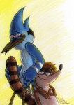 anthro beak copyright_symbol duo male symbol tail tail_grab nick_bondra phraggle cartoon_network regular_show mordecai_(regular_show) rigby_(regular_show) avian bird blue_jay corvid jay_(bird) mammal new_world_jay oscine passerine procyonid raccoon 2012 hi_res traditional_media_(artwork)