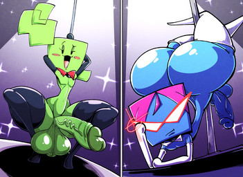 armwear balls big_butt blue_body bow_tie butt clothing crossgender dancing duo elbow_gloves eyewear femboy ftm_crossgender genitals glasses gloves green_body handwear leggings legwear male penis pole pole_dancing thick_thighs sachasketchy mario_bros nintendo paper_mario mimi_(paper_mario) nastasia humanoid 2025 digital_media_(artwork) hi_res