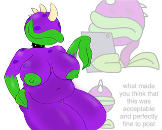 barely_visible_genitalia belly big_breasts breasts collar electronics female genitals nude phone plant simple_background sitting solo text white_background mistakenn electronic_arts plants_vs._zombies popcap_games chomper_(pvz) elemental_creature flora_fauna humanoid 5:4 english_text hi_res