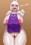 anthro apron apron_only areola big_breasts blush breasts clothing eyes_closed female genitals huge_breasts nipples open_mouth pussy solo thick_thighs furdle undertale_(series) toriel boss_monster_(undertale) bovid caprine goat mammal absurd_res censored hi_res