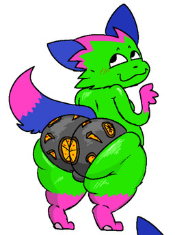 :3 anthro ball_bulge big_butt black_clothing black_underwear blue_ears blue_tail butt clothing dipstick_tail food food_print fur gloves_(marking) green_body green_fur leg_markings looking_back male markings pattern_clothing pattern_underwear pink_markings pizza simple_background smile socks_(marking) solo sparklefur tail tail_markings thick_thighs underwear white_background stewnsfw don't_touch_my_pizza_(meme) nyanwolf kevin_(nyanwolf) domestic_cat felid feline felis mammal 2025 english_description