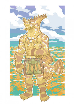 5_toes anthro areola barefoot biceps biped black_eyes blue_sky bottomwear brown_body brown_bottomwear brown_clothing brown_scales brown_shorts brown_tail clothed clothed_anthro clothed_male clothing cloud day feet fin flesh_fang green_areola green_body green_bottomwear green_clothing green_nipples green_scales green_shorts green_tail head_fin male male_anthro membrane_(anatomy) mouth_closed multicolored_body multicolored_bottomwear multicolored_clothing multicolored_scales multicolored_shorts multicolored_tail muscular muscular_anthro muscular_male nipples non-mammal_nipples outside pecs plantigrade pupils scales sea seaweed shorts sky solo standing tail tail_fin text toes topless topless_anthro topless_male water webbed_feet webbed_hands white_body white_scales white_tail snarkysardine fish frogfish marine sargassum_frogfish 2025 artist_name dated hi_res