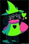 black_body black_fur blush clothing eyes_closed eyewear fur glasses green_clothing green_hat green_headwear hat headgear headwear heart_symbol scarf simple_background solo text caikslyce deltarune undertale_(series) ralsei darkner dated hi_res signature