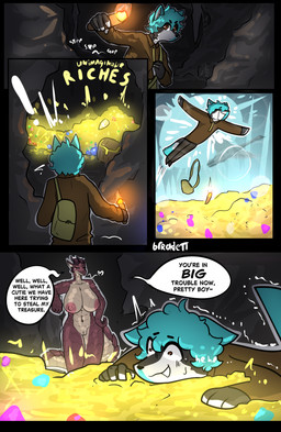 anthro big_breasts breasts clothed clothing dialogue duo female fur genitals hair horn male nipples nude speech_bubble tail text brradett mythology canid canine canis dragon hybrid mammal mythological_creature mythological_scalie scalie wolfdog absurd_res artist_name colored comic digital_drawing_(artwork) digital_media_(artwork) english_text hi_res
