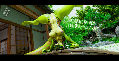 3_toes anthro anthrofied architecture back_tattoo barely_visible_genitalia barely_visible_vulva breasts day dialogue dutch_angle east_asian_architecture emanata feet female flexible genitals glistening glistening_body glistening_scales green_body green_scales handstand long_tail looking_at_viewer navel nipples non-mammal_breasts non-mammal_navel non-mammal_nipples non-mammal_vulva nude nude_anthro nude_female open_mouth open_smile outdoor_nudity outside pink_nipples plant scales sky smile smiling_at_viewer solo splits spread_legs spreading tail tail_tattoo talking_to_viewer tattoo teal_sclera text thick_tail thick_thighs toes tree upside_down vulva wide_hips yoga impaer_jaster da.nilkaz_(modeler) dreamworks kung_fu_panda master_viper reptile scalie snake viper 3d_(artwork) absurd_res digital_media_(artwork) english_text hi_res letterbox watermark