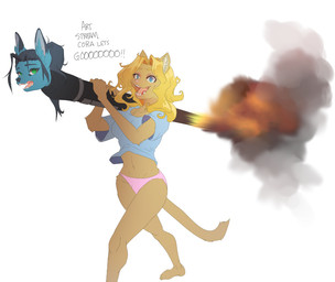 anthro blonde_hair blue_clothing blue_eyes blue_topwear breasts brown_body brown_fur clothing dialogue duo female fire fur green_eyes hair holding_object holding_rocket_launcher holding_weapon panties pink_clothing pink_panties pink_underwear ponytail ranged_weapon rocket_launcher simple_background smile tail text topwear underwear weapon white_background corablue cheese_quesadilla corablue_(character) canid canine canis jackal mammal 2025 digital_media_(artwork) english_text