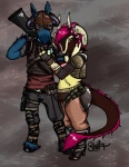 anthro blue_body blue_fur bovid_horn caprine_horn clothed clothing cosplay duo fur goat_horn horn male ram_horn tail deervvitch 2k_games borderlands bazeel_(fursona) sigil_(fursona) bovid caprine caprine_demon demon equid equine goat goat_demon horse mammal hi_res