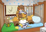 ageplay anthro baby_mobile bed bedroom biped blush brown_body brown_fur brown_hair clean_diaper clothed clothing crib detailed_background diaper folded_diaper fur furniture hair hug inside kemono nursery_mobile overweight plushie roleplay sitting solo wearing_diaper reddo12340 bandai_namco digimon nintendo pokemon agumon canid canine canis digimon_(species) domestic_dog gabumon generation_8_pokemon mammal pokemon_(species) yamper 2021 hi_res