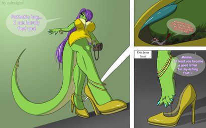 ambiguous_gender anthro big_breasts blood bodily_fluids breasts bulge clothed clothing crush death dominant dress duo extreme_size_difference feet foot_focus footwear gore green_body gynomorph hair high_heels insole intersex jewelry long_hair macro micro panties shoes short_dress size_difference text underwear upskirt ndrnight nintendo pokemon annabelle_(ndrnight) generation_3_pokemon latias legendary_pokemon lizard pokemon_(species) reptile scalie 16:10 absurd_res comic english_text hi_res widescreen