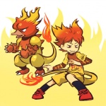 1:1 alternate_species bottomwear clothing cosplay duo feral fire flaming_tail footwear generation_1_pokemon hair hitec human humanized magmar male mammal nintendo pokemon pokemon_(species) red_hair shirt shoes short_hair shorts tail topwear
