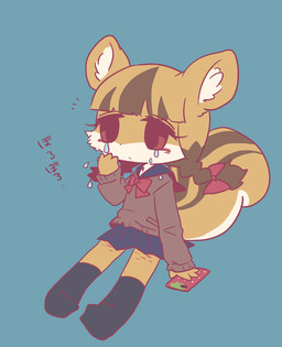 anthro black_eyes blue_background bodily_fluids bottomwear bow_ribbon brown_body brown_fur brown_hair brown_sclera cellphone clothing crying electronics eye_bags female footwear fur hair inner_ear_fluff leg_scar long_socks mouth_closed multicolored_body multicolored_fur multicolored_hair orange_body orange_fur orange_hair phone pigtails red_ribbon ribbons scar school_uniform self-harm self-harm_scars simple_background sitting skirt solo strawberry_print sweater tail tears text thigh_scar topwear tuft uniform white_body white_fur young pyonko risuhana-chan mammal rodent sciurid tree_squirrel digital_media_(artwork) japanese_text translated