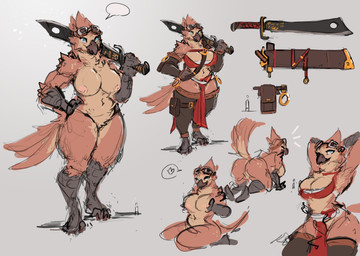 anthro beak bottomwear breasts butt clothing eyewear female goggles loincloth melee_weapon multiple_poses nipples nude nude_anthro nude_female pose simple_background solo sword weapon thesociallyawkwardpinguin avian bird absurd_res hi_res model_sheet