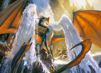ambiguous_gender feral horn looking_at_viewer low-angle_view membrane_(anatomy) membranous_wings orange_wings outside rock sitting solo spread_wings tail water waterfall wings diego_gisbert_llorens hasbro magic:_the_gathering mythology wizards_of_the_coast dragon mythological_creature mythological_scalie scalie absurd_res hi_res official_art