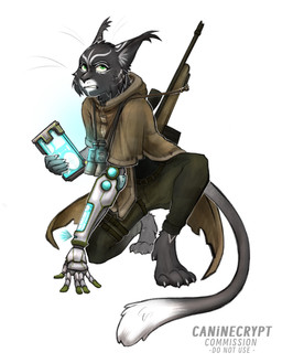 ambiguous_gender angry anthro belt belt_buckle binoculars black_body black_fur bottomwear buckle cheek_tuft claws clothed clothing cybernetic_arm cybernetic_limb cybernetics datapad ear_tuft facial_tuft feet finger_claws fingers fur fur_markings green_eyes gun hair hardlight holding_object inner_ear_fluff machine markings multicolored_body multicolored_fur pants poncho prosthetic prosthetic_arm prosthetic_limb ranged_weapon rifle science_fiction screen snarling sniper_rifle solo tail teeth toe_claws toes topwear tuft two_tone_body two_tone_fur weapon whisker_spots whiskers white_body white_fur caninecrypt cyborg felid feline mammal digital_media_(artwork) hi_res