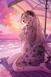 anthro areola beach blue_eyes breasts cloud countershade_torso countershading feet female fur grey_body grey_fur hair kneeling long_hair looking_at_viewer markings nipples nude nude_anthro nude_female outside sand sea side_boob side_view sky solo spots spotted_body spotted_fur toes water white_hair lynjox canid canine canis domestic_dog mammal 2025 digital_media_(artwork) hi_res
