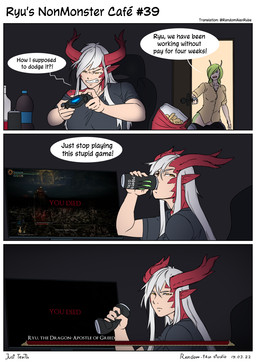 angry apode beverage big_breasts black_clothing black_shirt black_topwear breasts clothing controller dark door duo female food fries gameplay_mechanics gaming green_hair gui hair half-closed_eyes health_bar holding_controller holding_object horn humor imminent_violence legless monster_girl_(genre) narrowed_eyes playing_video_game ps5_controller red_ears red_horn serpentine shirt sitting soda sudden_boss_fight text topwear white_hair randomtanstudio dark_souls fromsoftware mythology playstation playstation_5 ryu's_non_monster_cafe sony_corporation sony_interactive_entertainment you_died_(meme) loo_(randomtanstudio) ryu_(randomtanstudio) animal_humanoid draconcopode dragon dragon_humanoid gastropod gastropod_humanoid humanoid mollusk mollusk_humanoid mythological_creature mythological_scalie scalie slug_humanoid comic english_text hi_res meme
