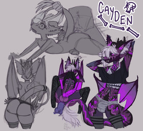anal anal_penetration anthro femboy flustered frenum_ladder frenum_piercing fur genital_piercing genitals hair ladder_piercing male multiple_piercings orgasm penetration penis penis_piercing piercing pulling_hair purple_body purple_fur solo teasing touching_hair wings chostrawbie caybito bat demon mammal absurd_res digital_media_(artwork) hi_res sketch_page
