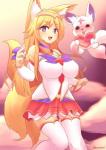 big_breasts blonde_hair bottomwear breasts choker clothing duo female fluffy fluffy_tail fox_tail hair heart_symbol jewelry legwear looking_at_viewer magical_girl_outfit navel necklace open_mouth skirt star_guardian tail thigh_highs kazukoto league_of_legends riot_games tencent ahri_(lol) animal_humanoid canid canid_humanoid canine canine_humanoid fox_humanoid humanoid mammal mammal_humanoid 2018 digital_media_(artwork)