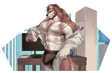anthro barazoku beard black_clothing black_underwear book bulge chest_tuft claws clothing desk electronics facial_hair fur furniture hair long_hair male monitor muscular nipple_piercing nipple_ring nipples office partially_clothed_anthro partially_clothed_male piercing red_body red_fur ring_piercing screen solo table tan_body tan_fur tuft underwear undressing undressing_self wood wood_furniture stuwiett loui_luyu canid canine canis mammal wolf absurd_res hi_res