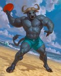 3_fingers abs amazing_background anthro areola barazoku beach biceps big_muscles clothed clothing cloud day deltoids detailed_background dutch_angle eyebrows fingers frisbee fur holding_object hooved_fingers hooves horn huge_muscles lips male muscular muscular_anthro muscular_male navel nipples notched_ear obliques outside pecs sand serratus shadow smile solo standing swimming_trunks swimwear teeth thick_arms thick_thighs topless topless_anthro topless_male tuft water wave taran_fiddler disney zootopia chief_bogo bovid bovine cape_buffalo mammal 2024 4:5 detailed digital_media_(artwork) digital_painting_(artwork) hi_res signature