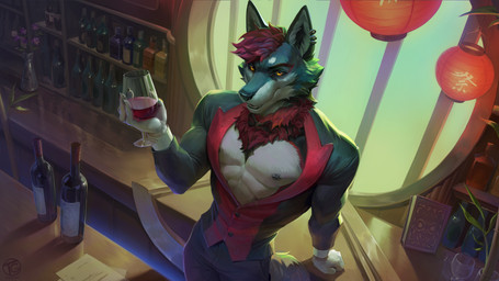 alcohol anthro bar bartender beverage black_body black_fur book bottle bottomwear clothing container cup detailed_background drinking_glass ear_piercing ear_ring flower fur glass glass_container glass_cup hair high-angle_view holding_container holding_cup holding_drinking_glass holding_object holding_wine_glass inner_ear_fluff jacket lamp lantern light looking_at_viewer male muscular muscular_anthro muscular_male neck_tuft nipple_piercing nipples pants paper_lantern pecs piercing plant pointy_ears prick_ears red_hair ring_piercing solo suit_jacket tail topwear tuft vase white_body white_fur window wine wine_bottle wine_glass yellow_eyes tagonkrat canid canine canis mammal wolf 16:9 2026 4k absurd_res digital_media_(artwork) hi_res lighting widescreen