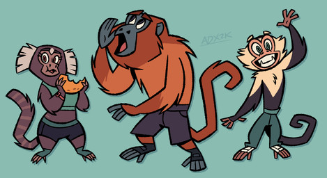 4_fingers anthro bottomwear clock clothing female fingers footwear group male monkey_feet pants shorts simple_background toeless_footwear trio watch wristwatch artdexo2000 atelid callitrichid capuchin_monkey cebid haplorhine howler_monkey mammal marmoset monkey new_world_monkey primate 2023 absurd_res hi_res signature watermark
