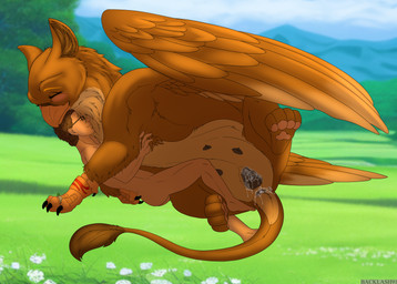 after_anal after_sex after_vaginal animal_genitalia animal_vulva anus armband blurred_background blush bodily_fluids brown_body brown_fur butt canine_genitalia canine_vulva claws cuddling cum cum_from_vagina cum_in_ass cum_in_vagina cum_inside dull_claws duo eyes_closed eyewear feet female feral forest forest_background fur genital_fluids genitals glasses grass hair happy hindpaw hug interspecies jewelry leaking_cum male male/female multicolored_body multicolored_fur nature nature_background nipples nude outside paws plant ring smile tail tan_body tan_fur tree vulva wearing_glasses wings backlash91 conditional_dnp mythology avian gryphon human mammal mythological_avian mythological_creature absurd_res hi_res