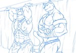 abs anthro armpit_hair biceps body_hair bottomwear clothing duo fur fur_tuft loincloth male muscular muscular_anthro muscular_male nipples pecs pose tuft kyuuhari chaotic feda:_the_emblem_of_justice arby_hcszeool attacat felid mammal pantherine 2010 sketch