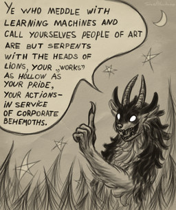 ai_generated_media_(subject) ambiguous_gender anthro anti-ai claws crescent_moon forest gesture hand_gesture horn moon multicolored_body plant pointing pointing_up raised_finger sharp_teeth sky solo speech_bubble star teeth text tree two_tone_body white_eyes taraelblackwing the_beast_(taraelblackwing) demon monster english_text monochrome sketch
