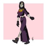 black_hair border clothing empty_eyes female fist footwear forehead_gem gem gloves hair handwear jewelry necklace not_furry pink_background shoes simple_background solo walking white_border bigmsaxon lich undead 1:1 2018 hi_res