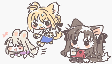 accessory ahoge anthro anthrofied barefoot beverage black_eyes black_hair_bow blonde_hair blue_bottomwear blue_clothing blue_skirt bodily_fluids bottomwear bow_ribbon brown_hair chasing cheek_spots clothing dipstick_tail dress emanata eyelashes eyes_closed fangs feet female fur group hair hair_accessory hair_bow hair_ribbon holding_beverage holding_object laugh markings open_mouth open_smile pawpads purple_clothing purple_dress red_clothing red_shirt red_topwear ribbons shirt simple_background skirt smile sweat sweatdrop tail tail_markings teeth tongue tongue_out topwear trio white_background white_body white_clothing white_fur white_hair white_shirt white_topwear young rapop fate_(series) type-moon artoria_pendragon illyasviel_von_einzbern rin_tohsaka saber_artoria_pendragon bird_dog canid canine canis domestic_cat domestic_dog felid feline felis golden_retriever hunting_dog lagomorph leporid mammal rabbit retriever 2026 widescreen