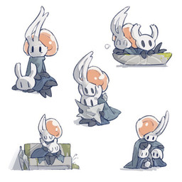 ambiguous_gender bench black_body black_eyes blue_cloak blue_clothing bodily_fluids cloak cloak_only clothing cuddling eyes_closed hand_on_head horn lying lying_on_another map melee_weapon moss multiple_poses nail_(weapon) on_front on_lap plant pose resting sitting sitting_on_lap sleeping sleeping_on_another weapon unknown_artist hollow_knight_(franchise) team_cherry broken_vessel_(hollow_knight) the_knight_(hollow_knight) arthropod infected_(species) vessel_(species) 1:1