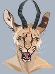 anthro fangs fangs_bared horn male markings open_mouth solo spots spotted_markings teeth teeth_showing tongue tongue_out whiskers yellow_eyes falconiforme_(artist) beastars melon_(beastars) antelope bovid felid gazelle hybrid leopard mammal pantherine hi_res