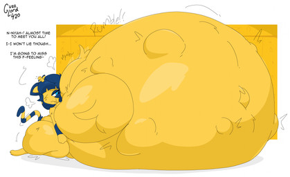 anthro belly big_belly big_breasts big_butt blue_body blue_eyes blue_fur blue_hair breasts butt dialogue featureless_breasts female fetal_movement fur hair huge_belly huge_breasts hyper hyper_belly hyper_breasts hyper_pregnancy kneeling kneeling_on_ground markings navel one_eye_closed outie_navel pregnant pregnant_anthro pregnant_female ring_(marking) ringed_tail rumbling_stomach solo striped_markings striped_tail stripes tail tail_markings talking_to_self text thick_thighs yellow_body yellow_fur guzzlord420 animal_crossing nintendo ankha_(animal_crossing) 2025 digital_drawing_(artwork) digital_media_(artwork) english_description english_text hi_res story story_in_description