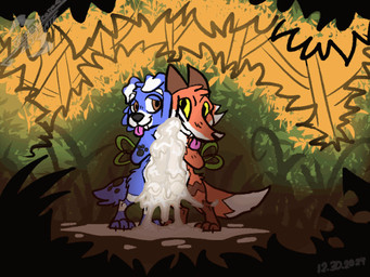 animal_genitalia animal_penis balls blep blue_body blue_fur bodily_fluids bound brown_eyes canine_genitalia canine_penis cum cum_drip cum_puddle cumshot dripping duo ejaculating_on_another ejaculation faces_touching forest forest_background frottage fur genital_fluids genitals knot knotted_penis male male/male messy orange_body orange_fur penile penis penises_touching plant sex tail tail_motion tailwag thrusting tips_touching tongue tongue_out tree yellow_eyes blizzate canid canine canis domestic_dog fox mammal animated