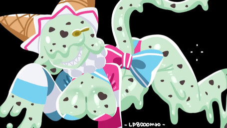 anthro black_background bouncing_breasts breasts butt cutlery dripping female food glistening glistening_body glistening_breasts glistening_hair glistening_skin green_body green_hair hair hair_over_eye ice_cream_cone kitchen_utensils mint_chocolate ribbons sharp_teeth simple_background smile solo sparkles spoon tail teeth text tools toony lp8000mao food_creature ice_cream_creature 16:9 2025 2d_animation animated artist_name loop motion_tweening no_sound short_playtime webm widescreen