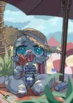 3_toes 4_fingers absurd_res anthro ass_up beach bodily_fluids clothing feet fingers food hat headgear headwear hi_res lagomorph leporid mammal midriff on_lap pawpads popsicle rabbit saliva saliva_string seaside sitting_on_lap solo straw_hat sweat tgab toes tongue tongue_out umbrella