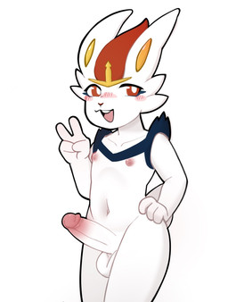anthro balls blush erection femboy genitals gesture hand_gesture humanoid_genitalia humanoid_penis looking_at_viewer male nipples nude open_mouth penis smile smiling_at_viewer solo v_sign bluchyccheese nintendo pokemon cinderace generation_8_pokemon pokemon_(species) hi_res