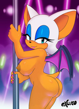 anthro big_breasts big_butt blush breasts butt dancing female looking_at_viewer nipples nude pole pole_dancing solo tail wings excito sega sonic_the_hedgehog_(series) rouge_the_bat bat mammal 2026 hi_res signature watermark