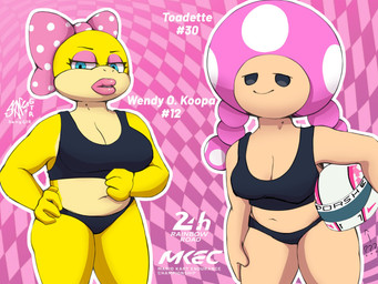 accessory anthro beady_eyes black_bottomwear black_clothing black_eyes black_topwear blue_eyes bottomwear bow_ribbon breasts checkered checkered_background cleavage clothed clothing duo eyelashes eyeshadow female front_view hair hair_accessory hair_bow hair_ribbon hand_on_hip head_bow holding_object lips lipstick looking_at_viewer makeup mushroom_cap navel pattern_background pink_background pink_bow pink_eyeshadow pink_hair pink_lipstick pseudo_hair racing_helmet ribbons scales simple_background smile tan_body tan_scales text thick_lips thick_thighs topwear twintails_(hairstyle) wide_hips yellow_body yellow_scales sanygtr mario_bros nintendo koopaling toadette wendy_o._koopa dragon_koopa humanoid koopa pink_toad scalie toad_(mario) 4:3 hi_res
