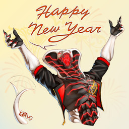 black_teeth claws clothed clothing cross cross_necklace glowing glowing_eyes glowing_markings happy holidays jacket jewelry male markings muscular necklace number_on_clothing open_mouth open_smile red_eyes sharp_teeth smile solo speech_marker tail tail_motion tailwag teeth text topwear xinyo new_year original_character_do_not_steal xinyo_(xinyo) alien cobra reptile scalie snake 1:1 absurd_res digital_media_(artwork) hi_res signature