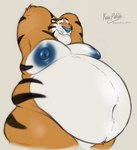 anthro areola belly belly_focus big_areola big_belly big_moobs blue_nipples male male_anthro mascot moobs nipples nude_anthro nude_male obese orange_body overweight overweight_anthro overweight_male simple_background solo striped_body stripes husky2paws frosted_flakes kellogg's tony_the_tiger felid mammal pantherine tiger hi_res