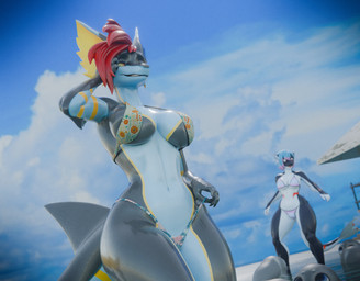 anthro beach bikini blue_hair breasts clothing cloud duo female hair long_ears markings medium_breasts multicolored_body navel non-mammal_breasts non-mammal_navel orange_eyes posing_for_picture red_hair sand sharp_teeth sky striped_markings stripes surprised swimwear teeth tugging_clothing two-piece_swimsuit two_tone_body water wet yellow_eyes snoople valorlynz_(modeler) mirova_(cilenomon) zea_nalya aquatic cetacean dolphin fish mammal oceanic_dolphin orca pinniped seal shark toothed_whale 3d_(artwork) absurd_res digital_media_(artwork) hi_res