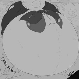 belly big_belly big_butt big_tail black_text bottomwear branch butt close_to_bursting clothing huge_belly huge_butt huge_tail hyper hyper_belly hyper_butt hyper_tail implied_popping motion_lines object_in_mouth onomatopoeia sound_effects tail text torn_bottomwear torn_clothing gigabonz 1:1 2019 hi_res monochrome