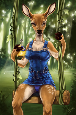 2_fingers anthro bald bedroom_eyes beverage blue_bottomwear blue_clothing blue_dress blue_panties blue_thong blue_topwear blue_underwear bottle bottomwear breasts brown_body brown_eyes brown_fur brown_nose camel_toe cleavage clothed clothing cloven_hooves collarbone container countershade_arms countershade_legs countershade_torso countershading day denim denim_clothing denim_dress detailed_background dress eyelashes female fingers forest front_view fully_clothed fur holding_bottle holding_container holding_object hooves light light_beam log looking_at_viewer markings multicolored_body multicolored_fur narrowed_eyes outside panties panty_shot plant purple_clothing purple_panties purple_thong purple_underwear seductive short_dress sitting smile soft_drink solo spots spotted_body spotted_fur spread_legs spreading straps sunbeam sunlight swing tan_body tan_fur thong topwear tree underwear upskirt vines wood moyoki orangina suntory_holdings_limited deer mammal 2022 2:3 absurd_res digital_media_(artwork) digital_painting_(artwork) hi_res painting_(artwork)